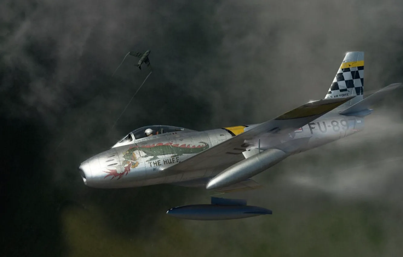 Фото обои истребитель, арт, американский, реактивный, North American, МиГ-15, the huff, Sabre
