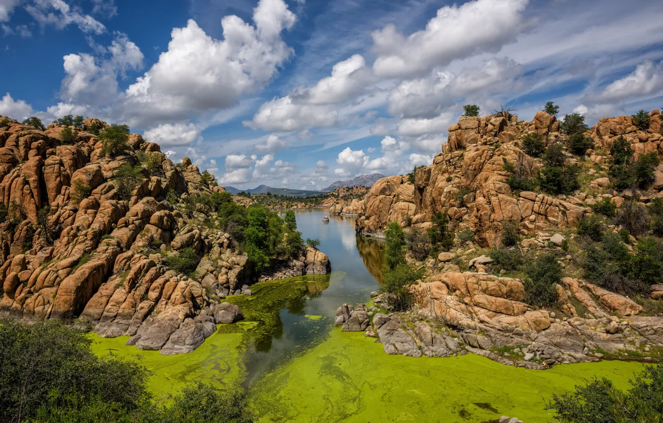 Фото обои небо, облака, озеро, скалы, Аризона, США, Prescott, Watson Lake