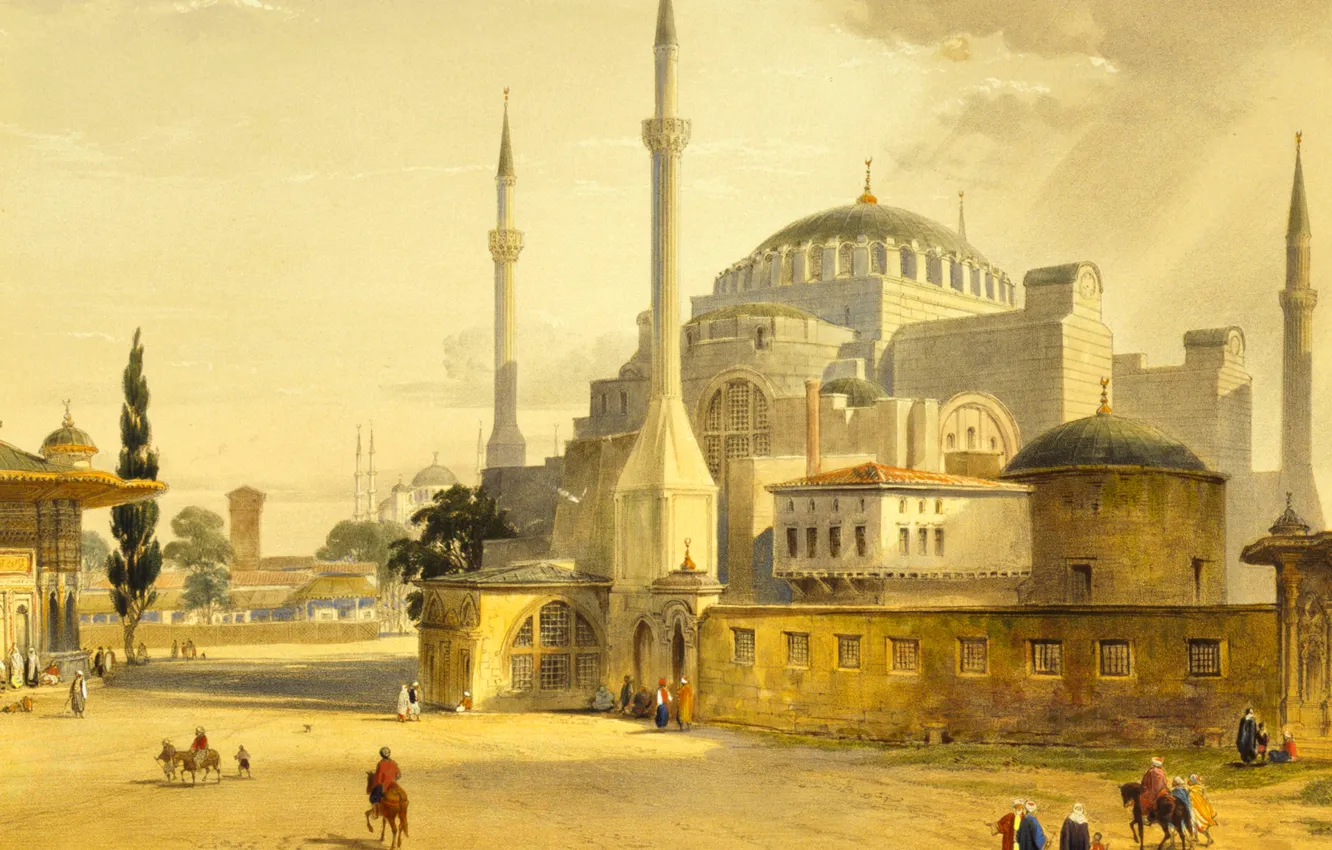 Фото обои город, картина, мечеть, Стамбул, Турция, минарет, Собор Святой Софии, Айия-Софья