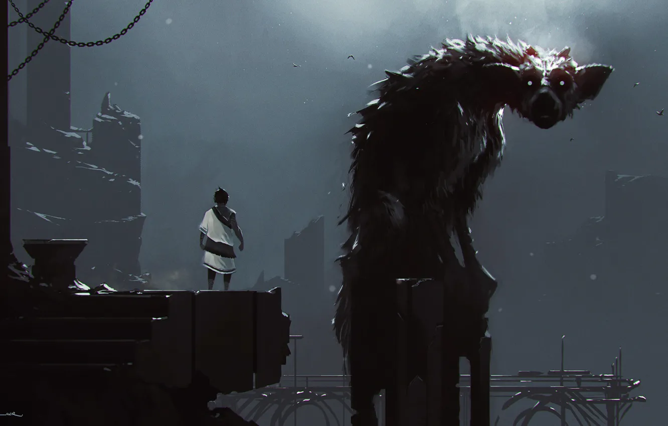 Фото обои Мальчик, Fantasy, Art, Фантастика, хранитель, The Last Guardian, Грифон, ömer tunç