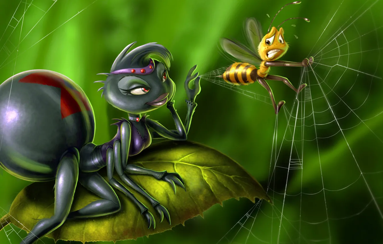 Фото обои пчела, A_Bug s Death, паучиха, попалася