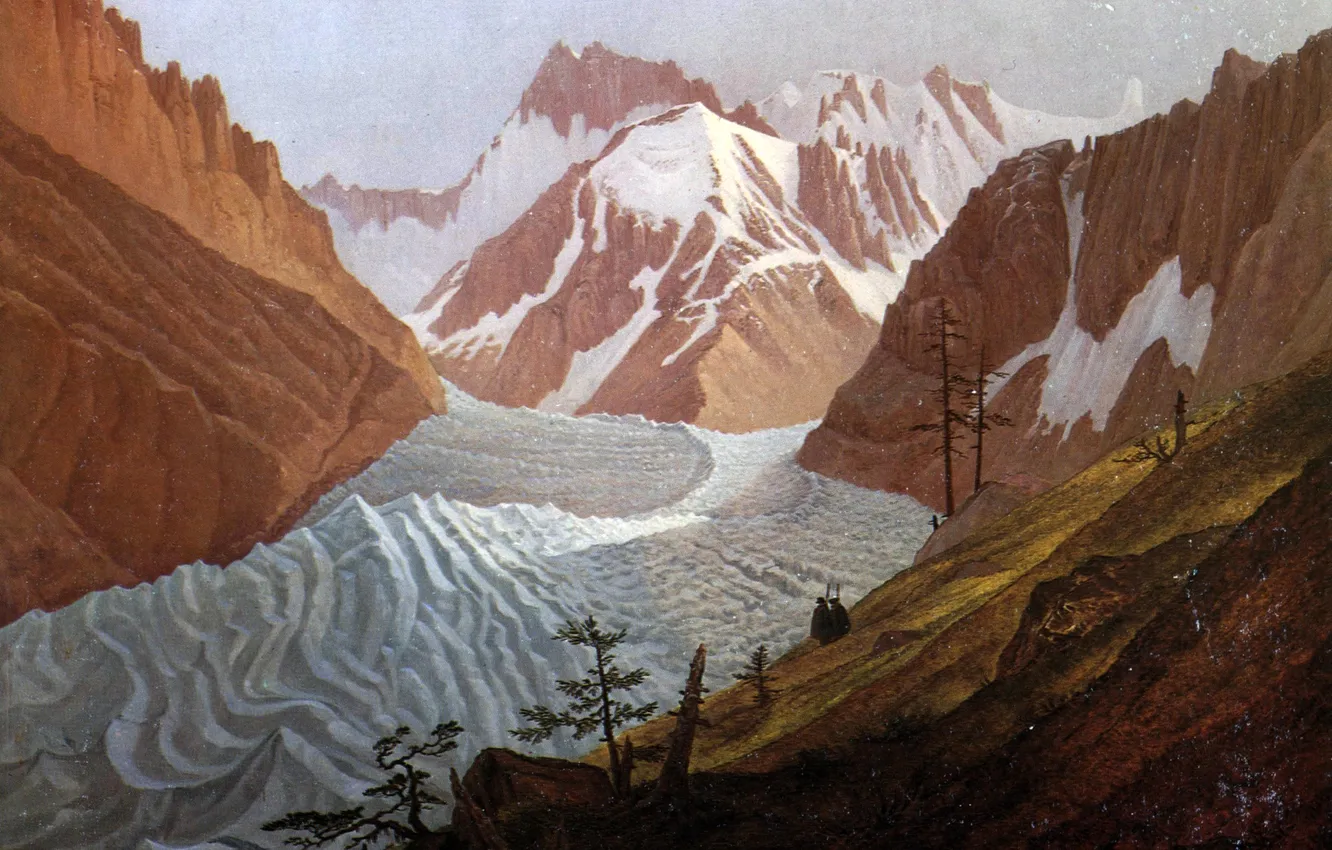Фото обои деревья, пейзаж, горы, люди, картина, ледник, Карл Густав Карус, Монбланский Горный Массив