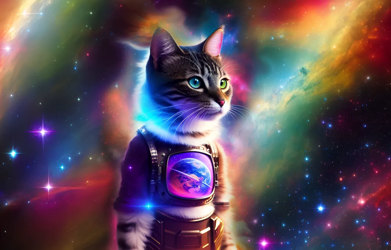 Фото обои кот, космос, космонавт, with WOMBO, нейросеть