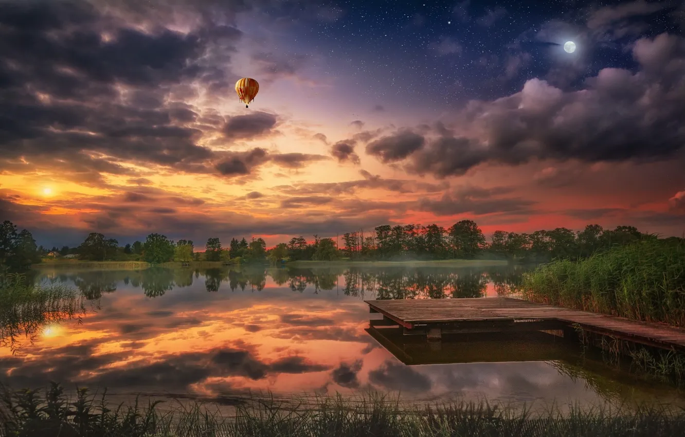 Фото обои закат, воздушный шар, красота
