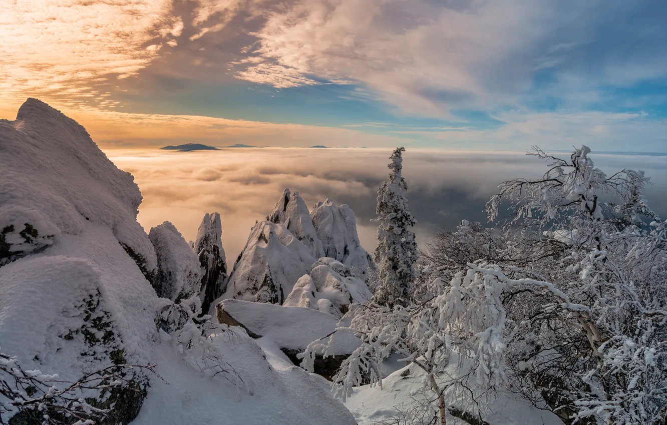 Фото обои зима, небо, солнце, облака, снег, деревья, горы, камни