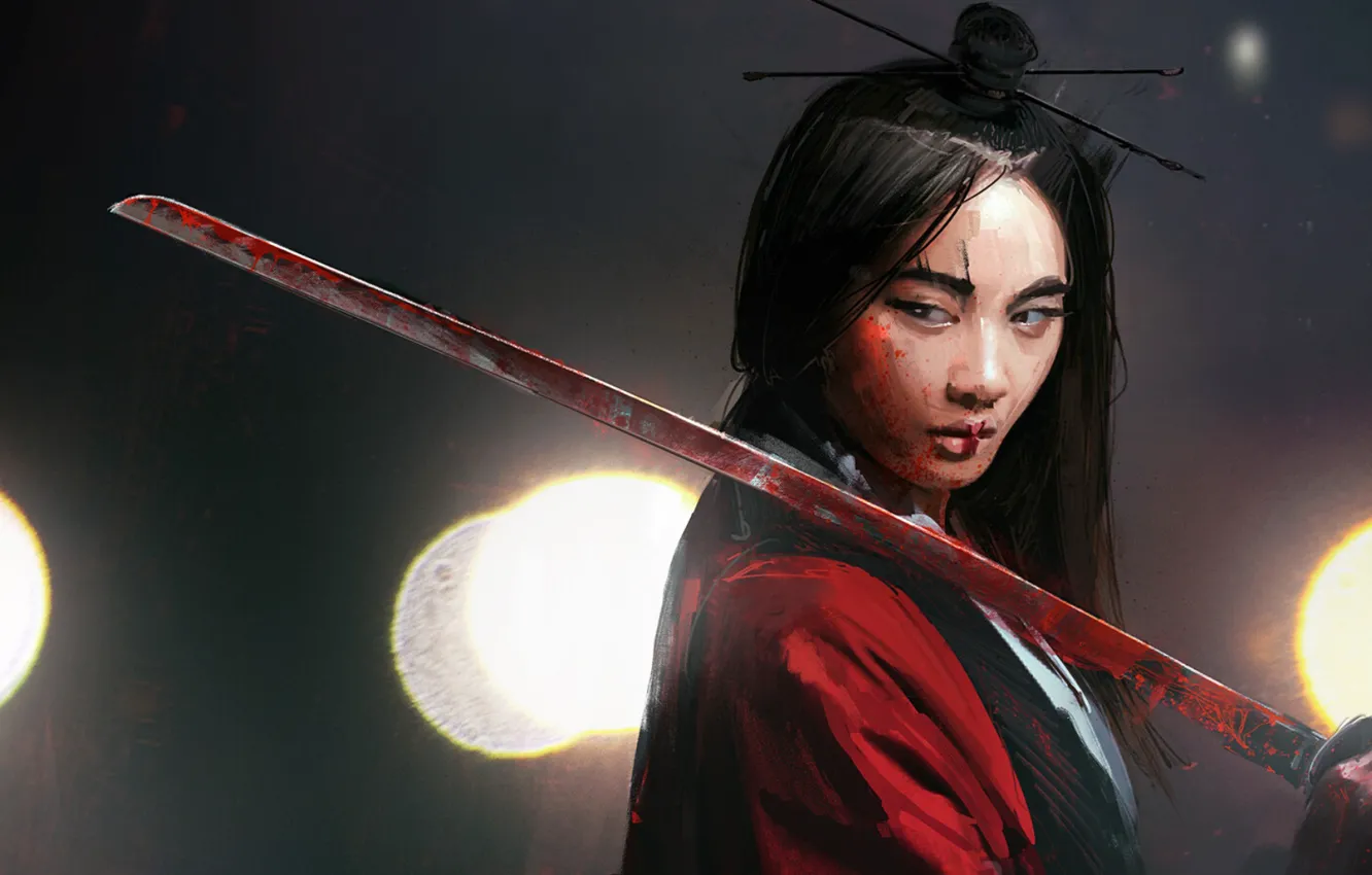 Фото обои японка, катана, лезвие, черные волосы, katana, в темноте, косые глаза, bushido