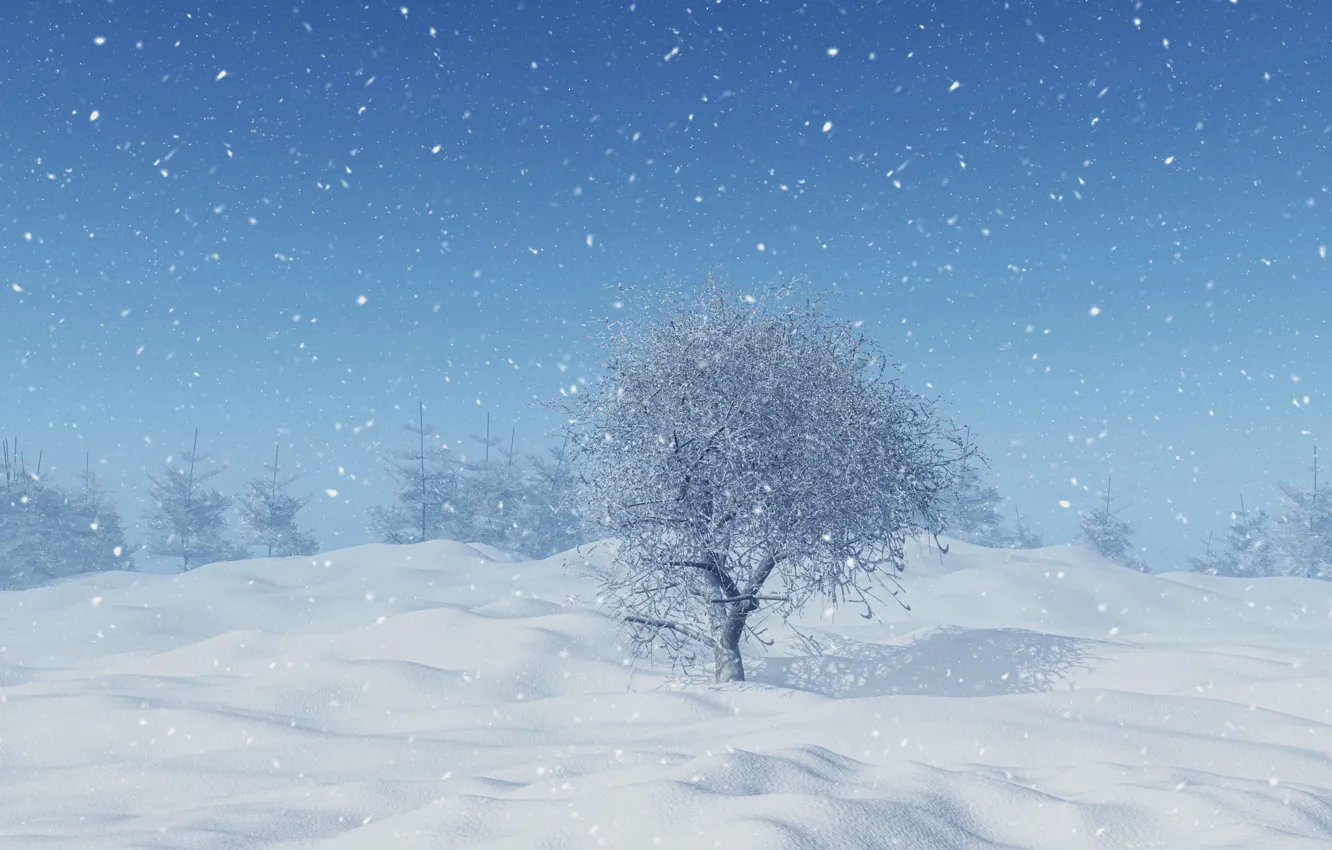 Фото обои зима, снег, деревья, снежинки, landscape, winter, snow, tree