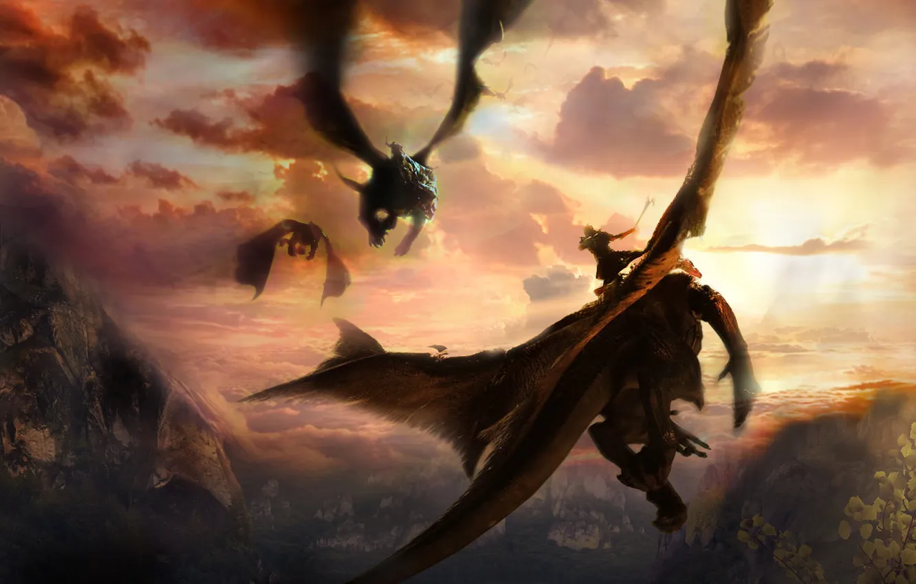Фото обои драконы, арт, всадники