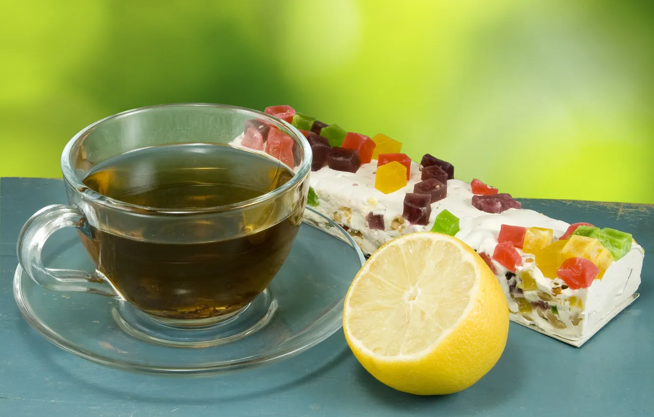Фото обои лимон, чай, кружка, напиток, блюдце, цукаты