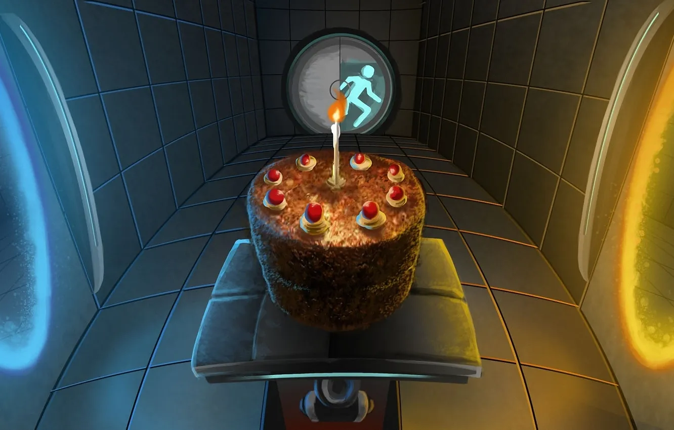 Фото обои человек, портал, коридор, торт, Portal, тортик
