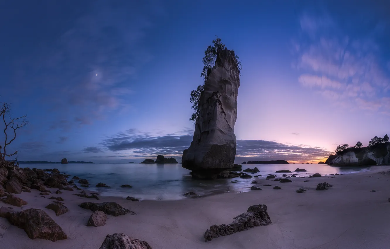 Фото обои пляж, пейзаж, скала, камни, океан, рассвет, сумерки, Cathedral Cove