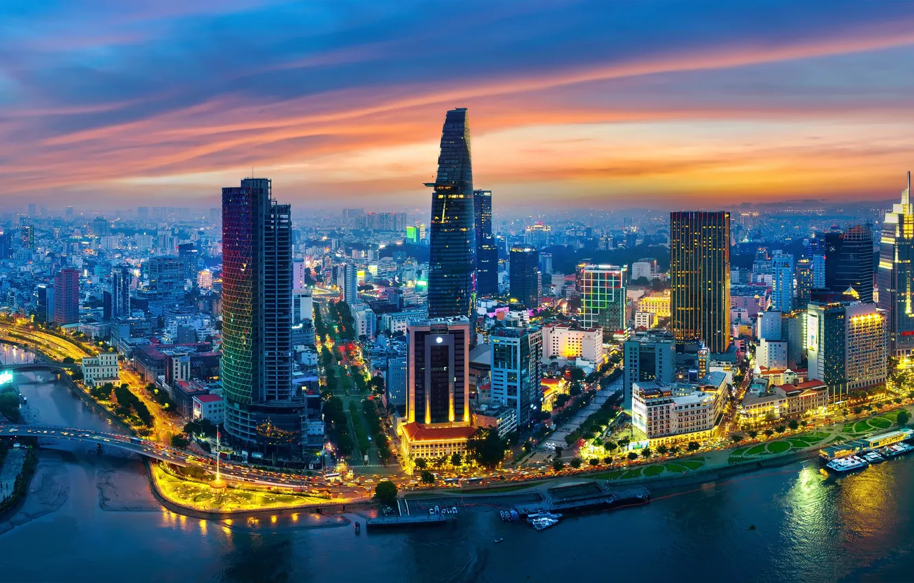 Фото обои tower, asia, downtown, landmark, landmarks, aerial view, saigon river, ho chi minh