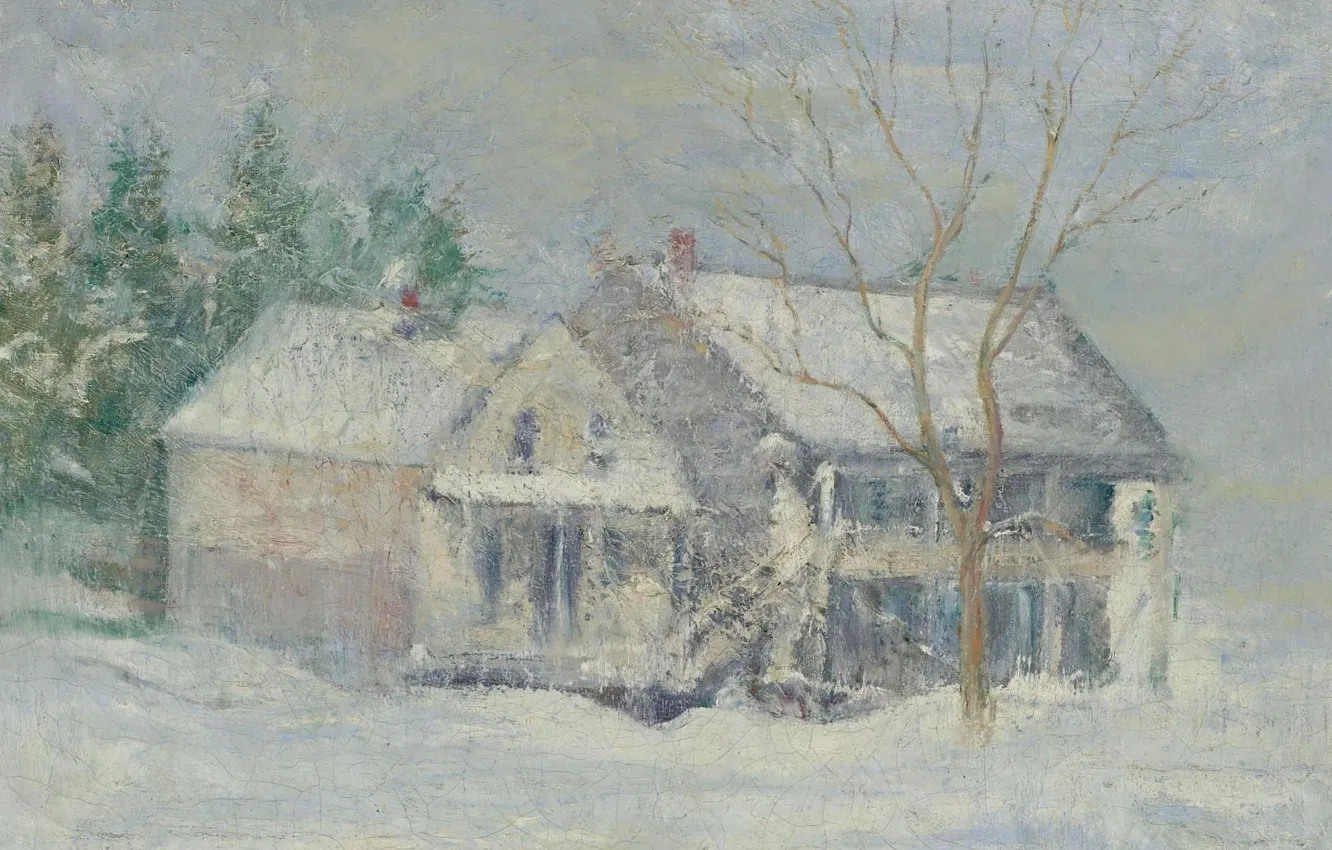 Фото обои зима, пейзаж, картина, Джон Генри Твахтман, John Henry Twachtman, Brush House. Cos Cob