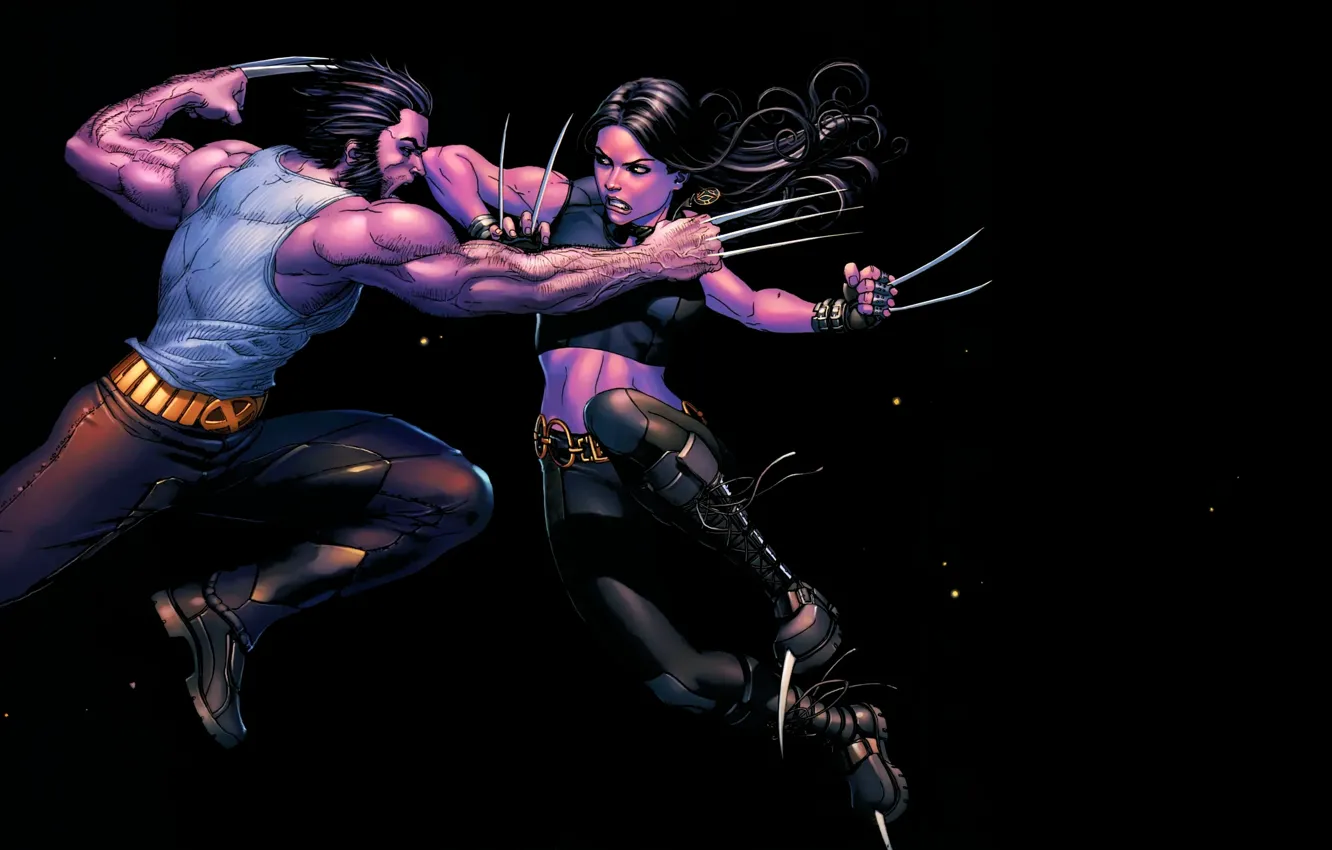 Фото обои девушка, рисунок, бой, отец, арт, драка, когти, мужчина, girl, Росомаха, Логан, черный фон, Wolverine, X-Men, …