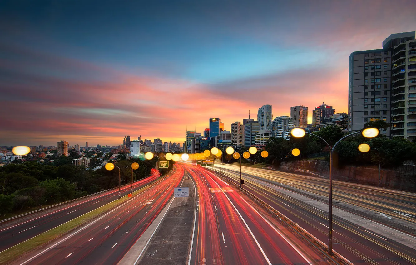Фото обои дорога, закат, город, трасса, фонари, Сидней