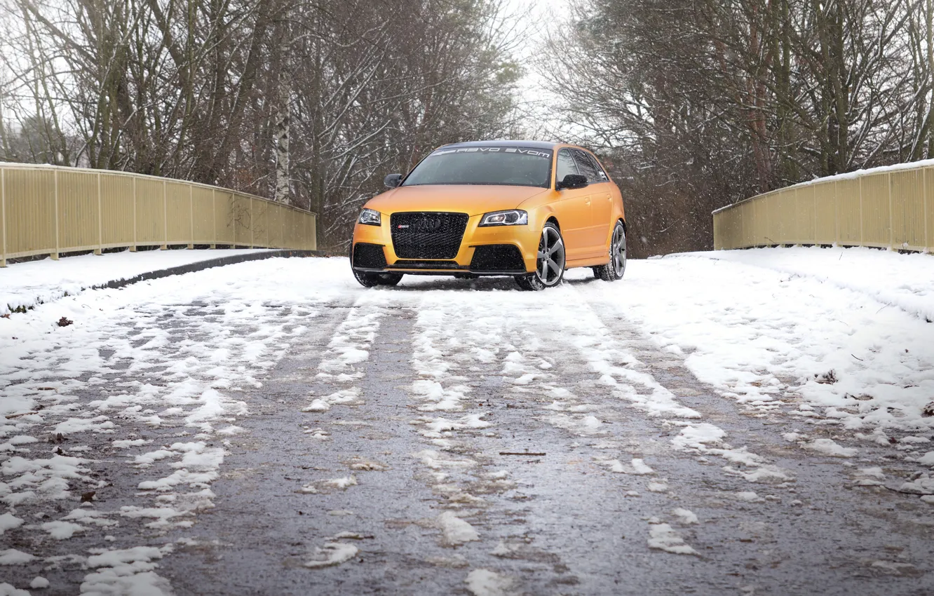 Фото обои дорога, снег, Audi, автомобиль, вид спереди, Spirtback, Schwabenfolia, RS3