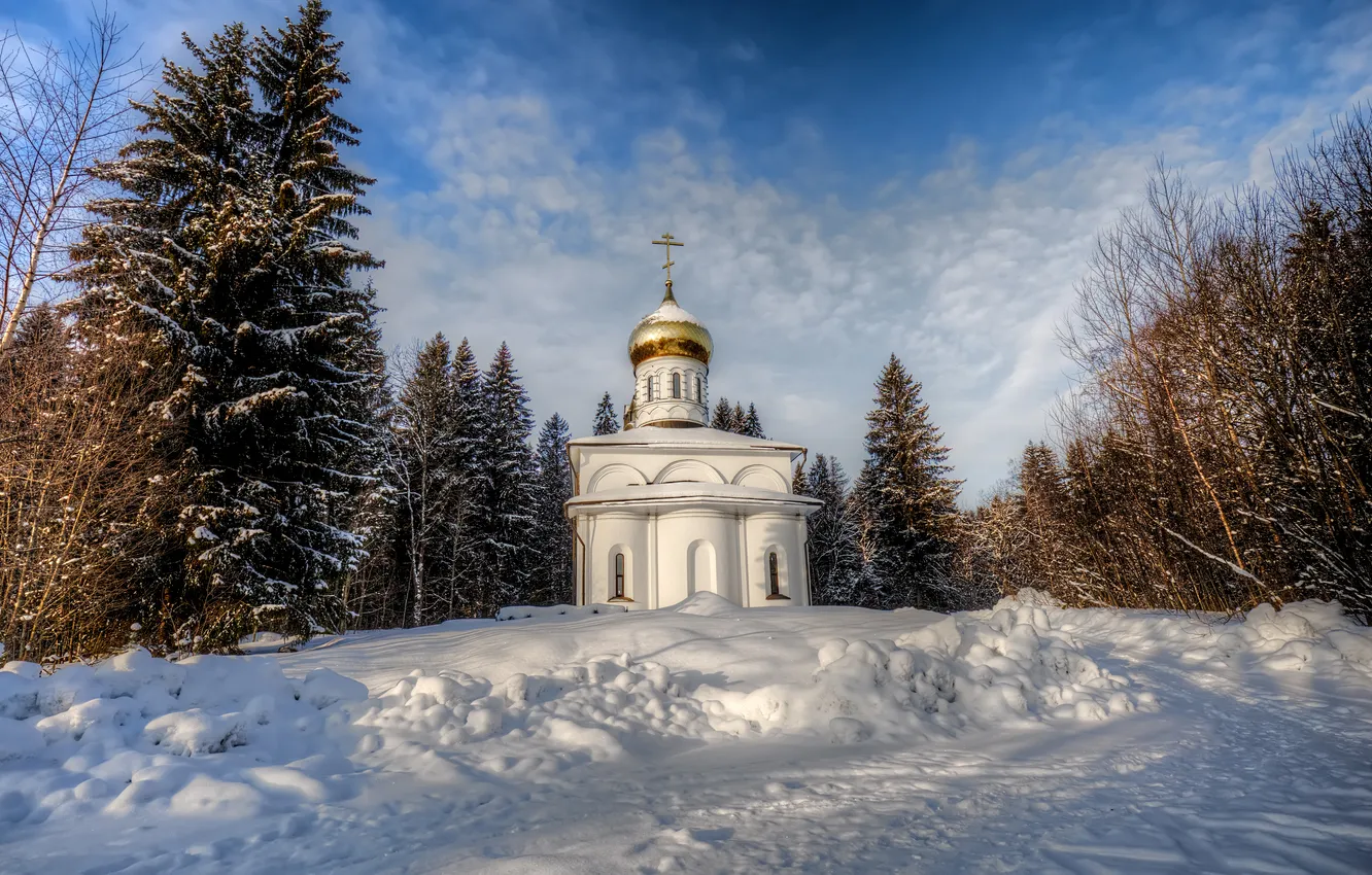 Фото обои зима, снег, пейзаж, природа, утро, мороз, церковь