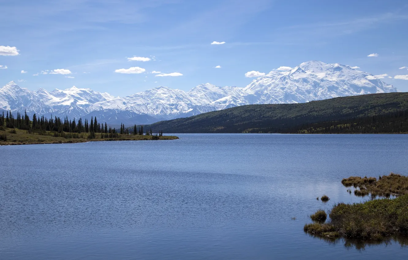 Фото обои горы, Аляска, Alaska, Denali National Park, водная гладь, Аляскинский хребет, Национальный парк Денали, озеро Вондер