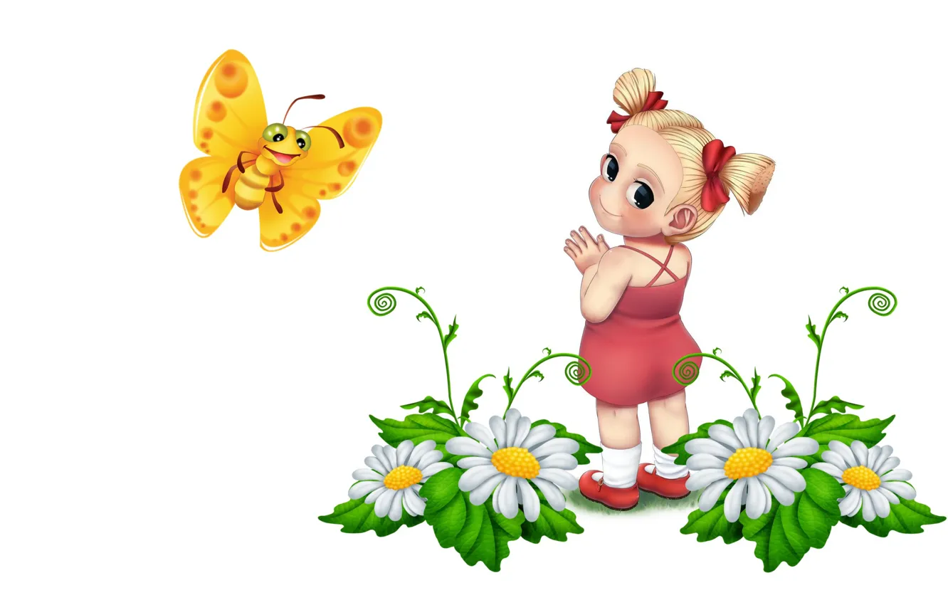 Фото обои лето, настроение, бабочка, ромашки, арт, девочка, детская