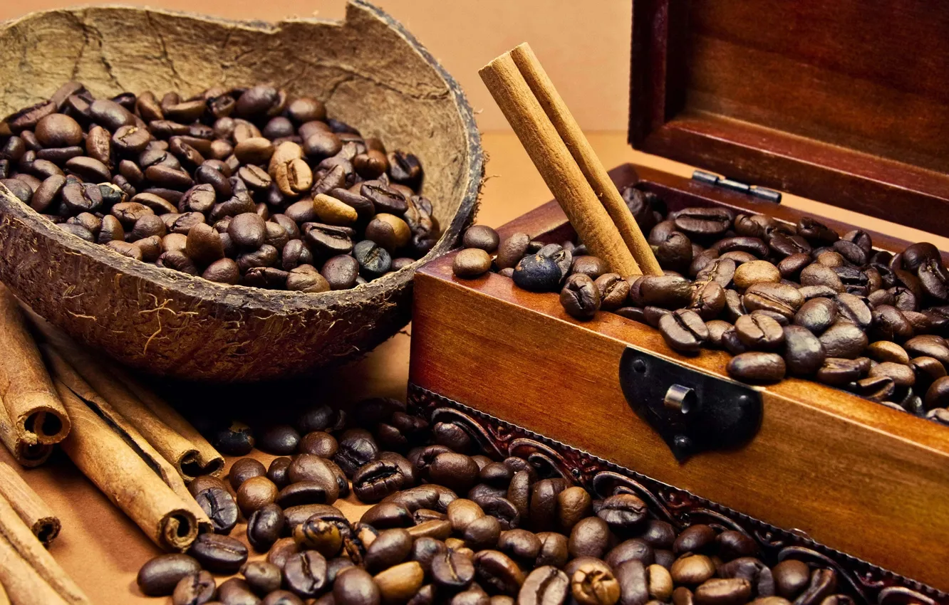 Фото обои coffee, coffee beans, wooden box