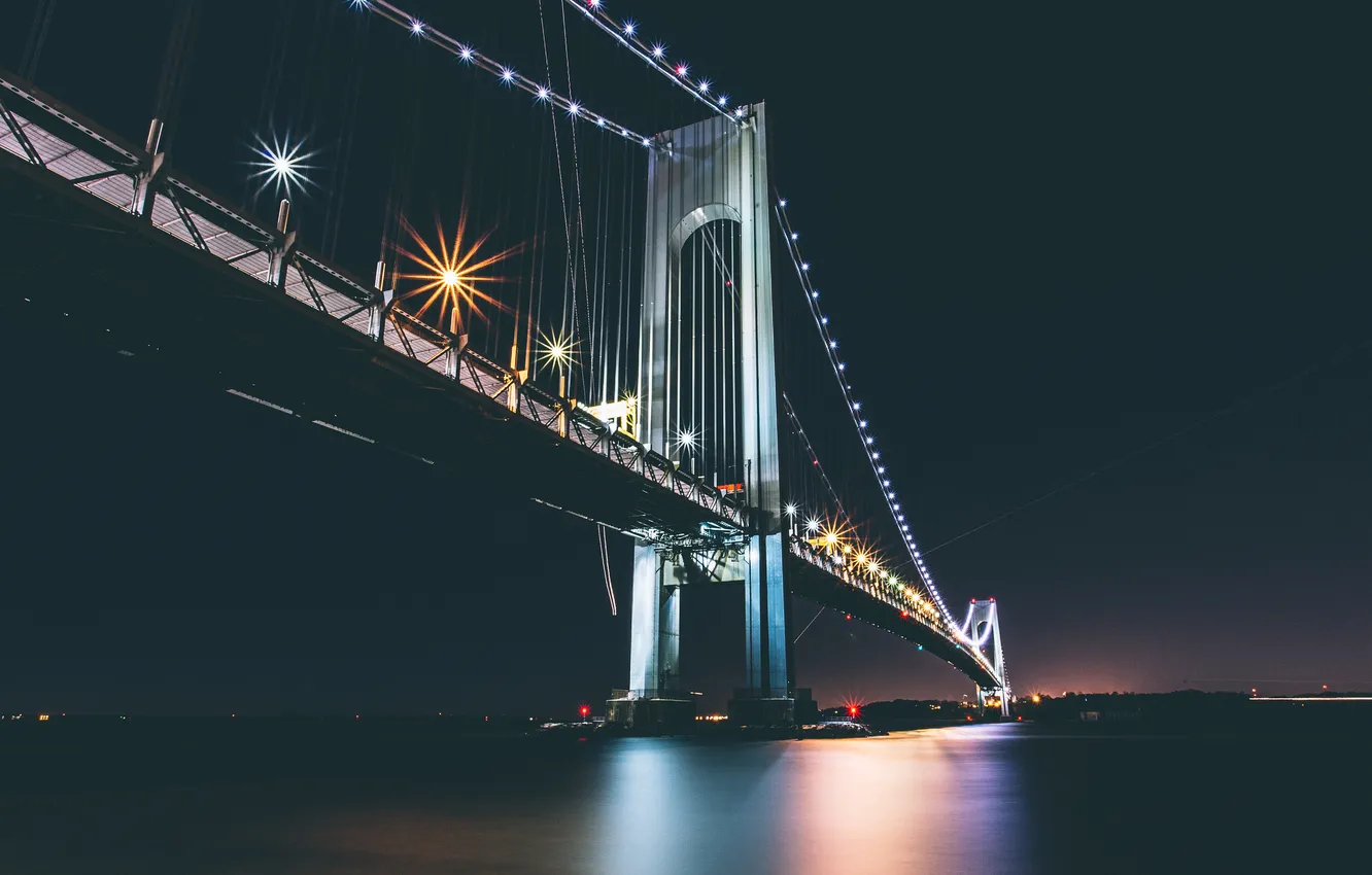 Фото обои ночь, мост, огни, отражение, река, Нью-Йорк, зеркало, Соединенные Штаты