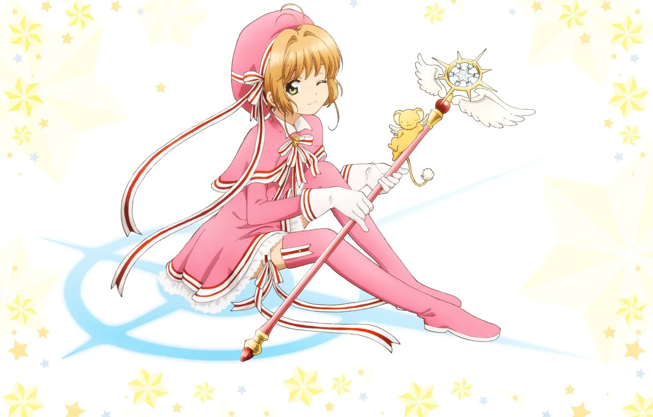 Фото обои перчатки, жезл, звездочки, берет, подмигивание, card captor sakura, Сакура - собирательница карт, Keroberos