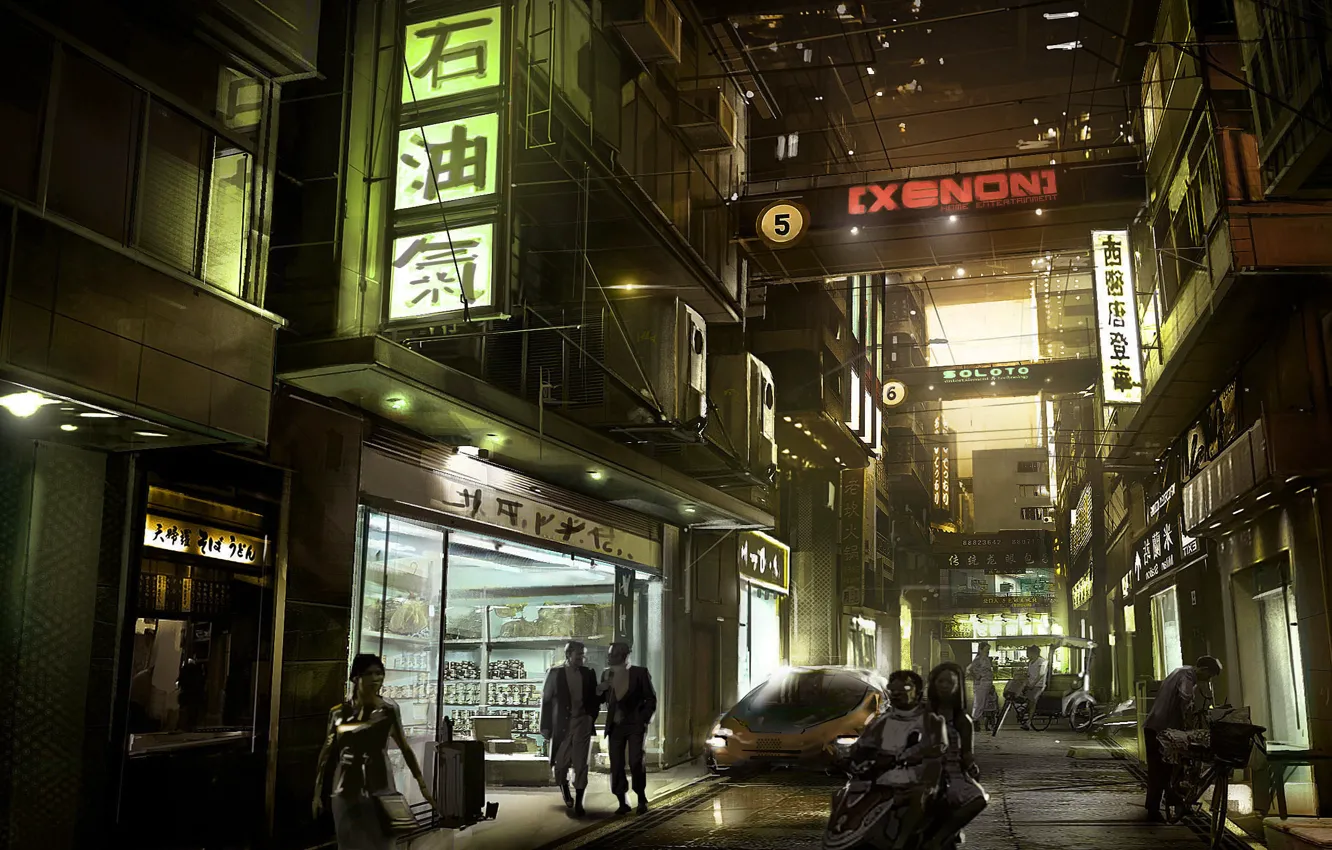 Фото обои город, дома, Япония, вывески, жители, магазины, улочка, deus ex: human revolution
