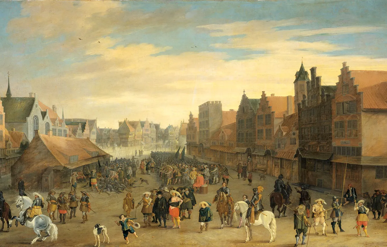 Фото обои картина, городской пейзаж, Pauwels van Hillegaert, Принц Мориц Нассауский Въезжает в Утрехт