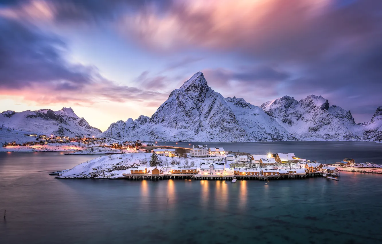 Фото обои горы, остров, деревня, Норвегия, Norway, фьорд, Нурланн, Лофотенские острова