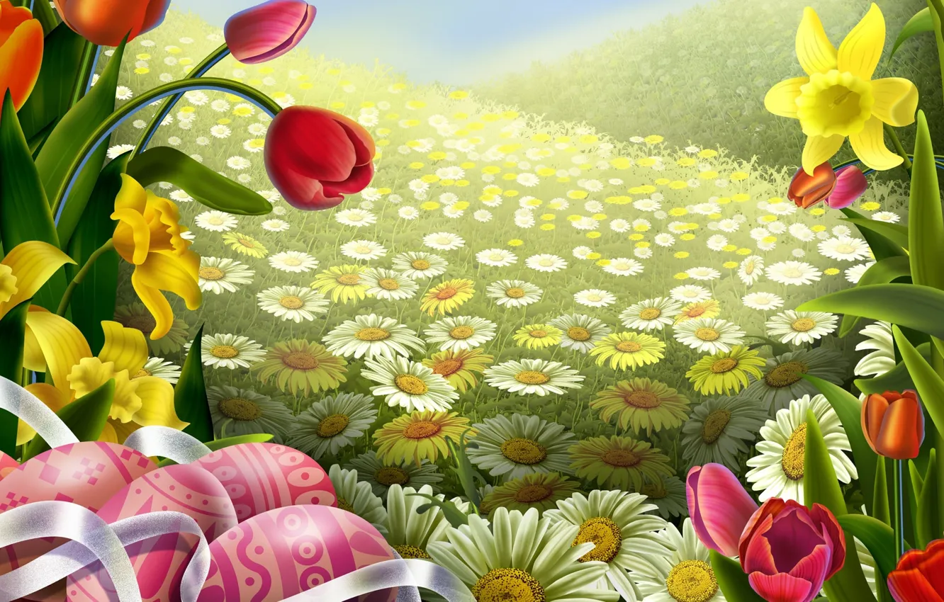 Фото обои поле, цветы, тюльпан, ромашка, арт, пасха, лента