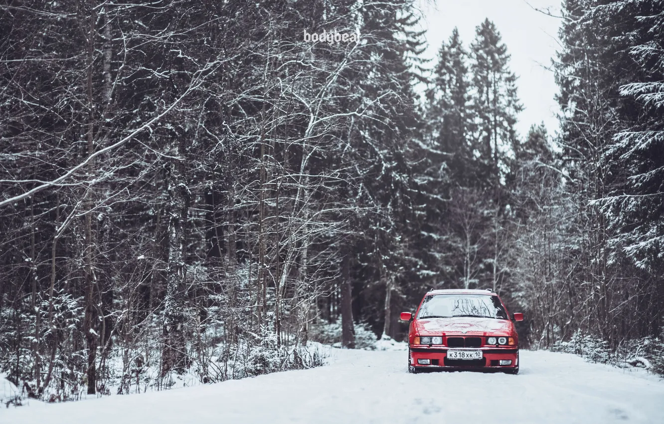 Фото обои зима, дорога, снег, красный, бмв, BMW, red, oldschool