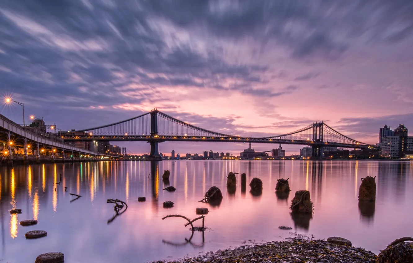 Фото обои закат, мост, город, река, США