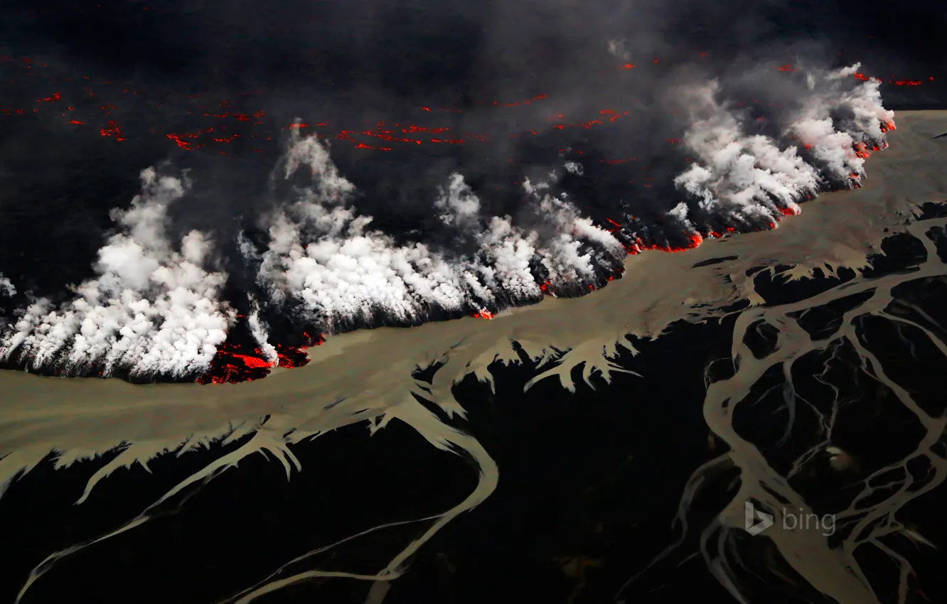 Фото обои пламя, дым, вулкан, извержение, лава, Исландия, Vatnajokull National Park, Holuhraun