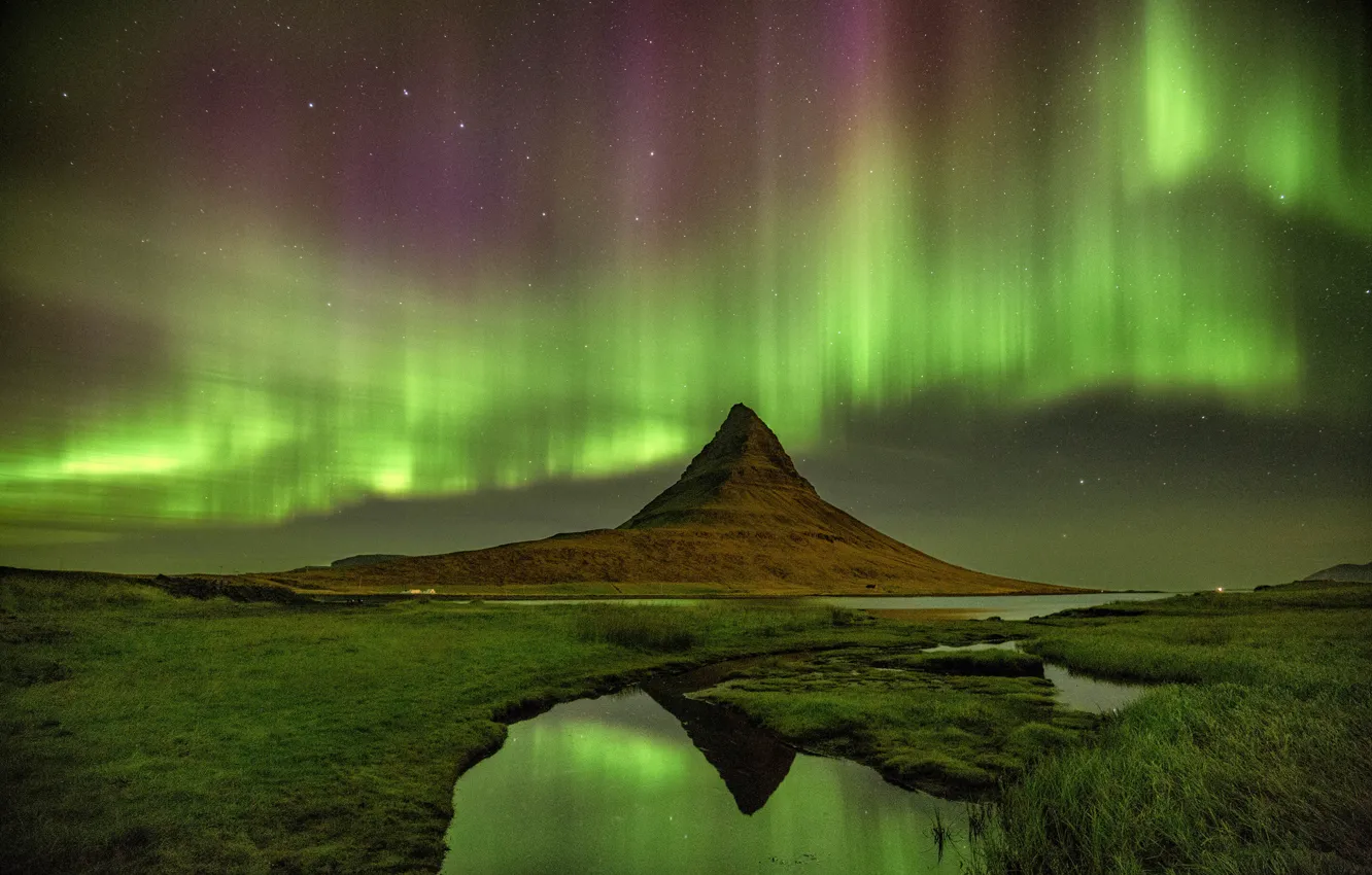 Фото обои звезды, ночь, сияние, гора, вулкан, Исландия