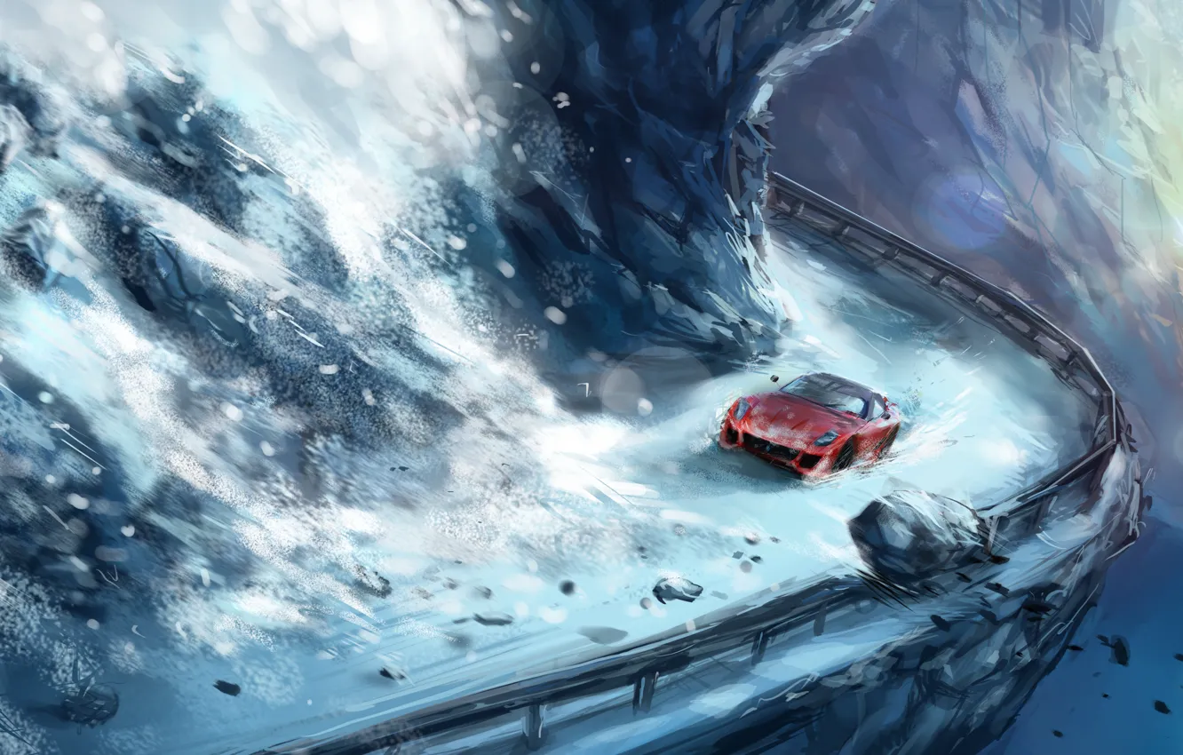Фото обои дорога, снег, горы, камни, высота, Лавина, разрушение, красная машина