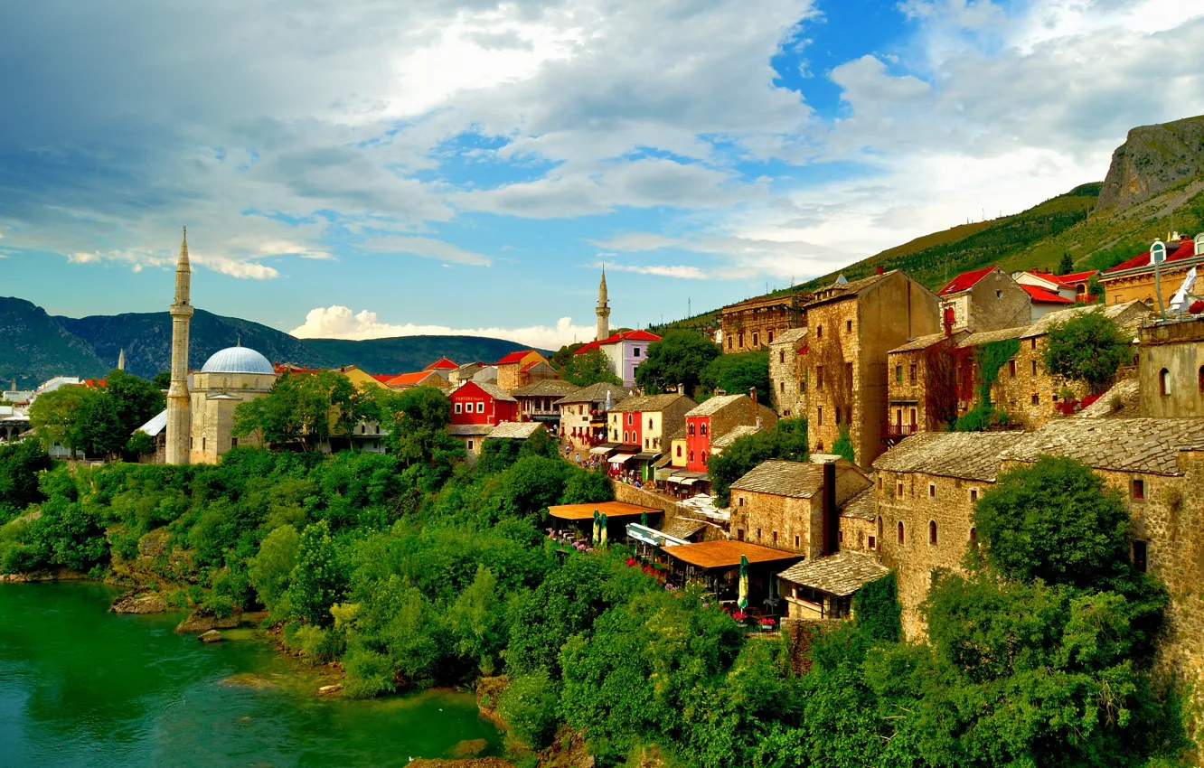 Фото обои здания, дома, мечеть, Босния и Герцеговина, Mostar, река Неретва, Мостар, Neretva River