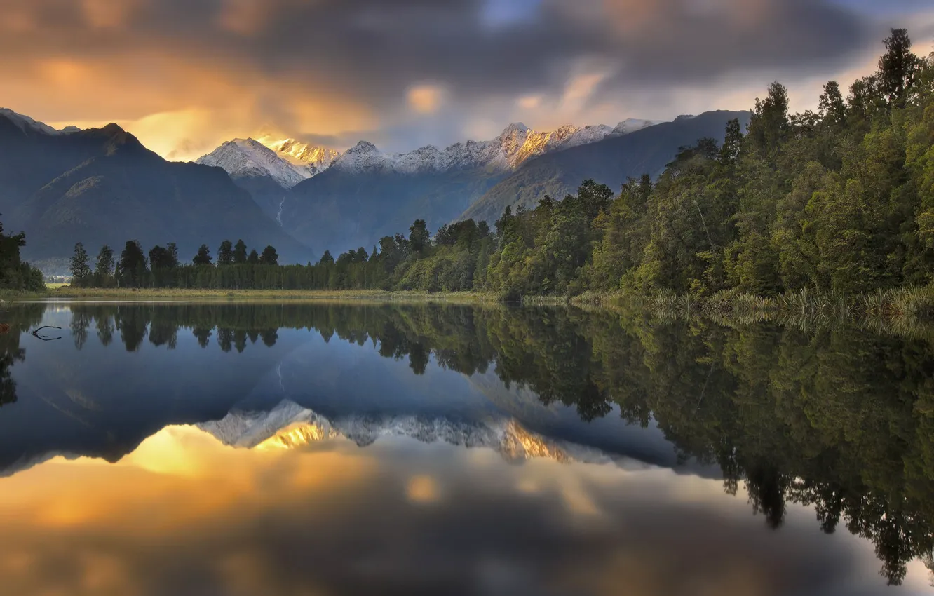 Фото обои лес, пейзаж, закат, горы, природа, озеро, отражение, Новая Зеландия