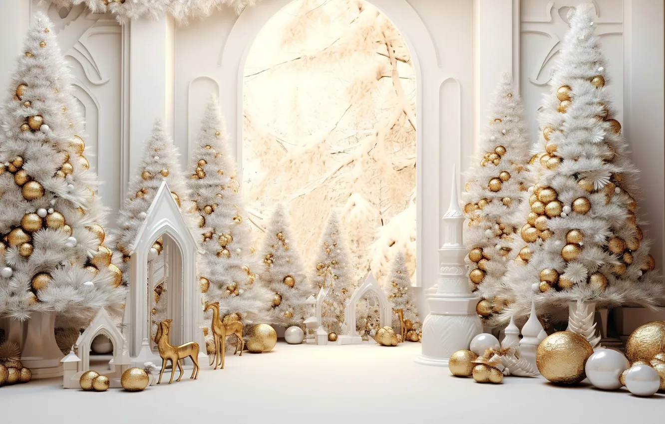 Фото обои шары, елка, Новый Год, Рождество, подарки, golden, white, new year