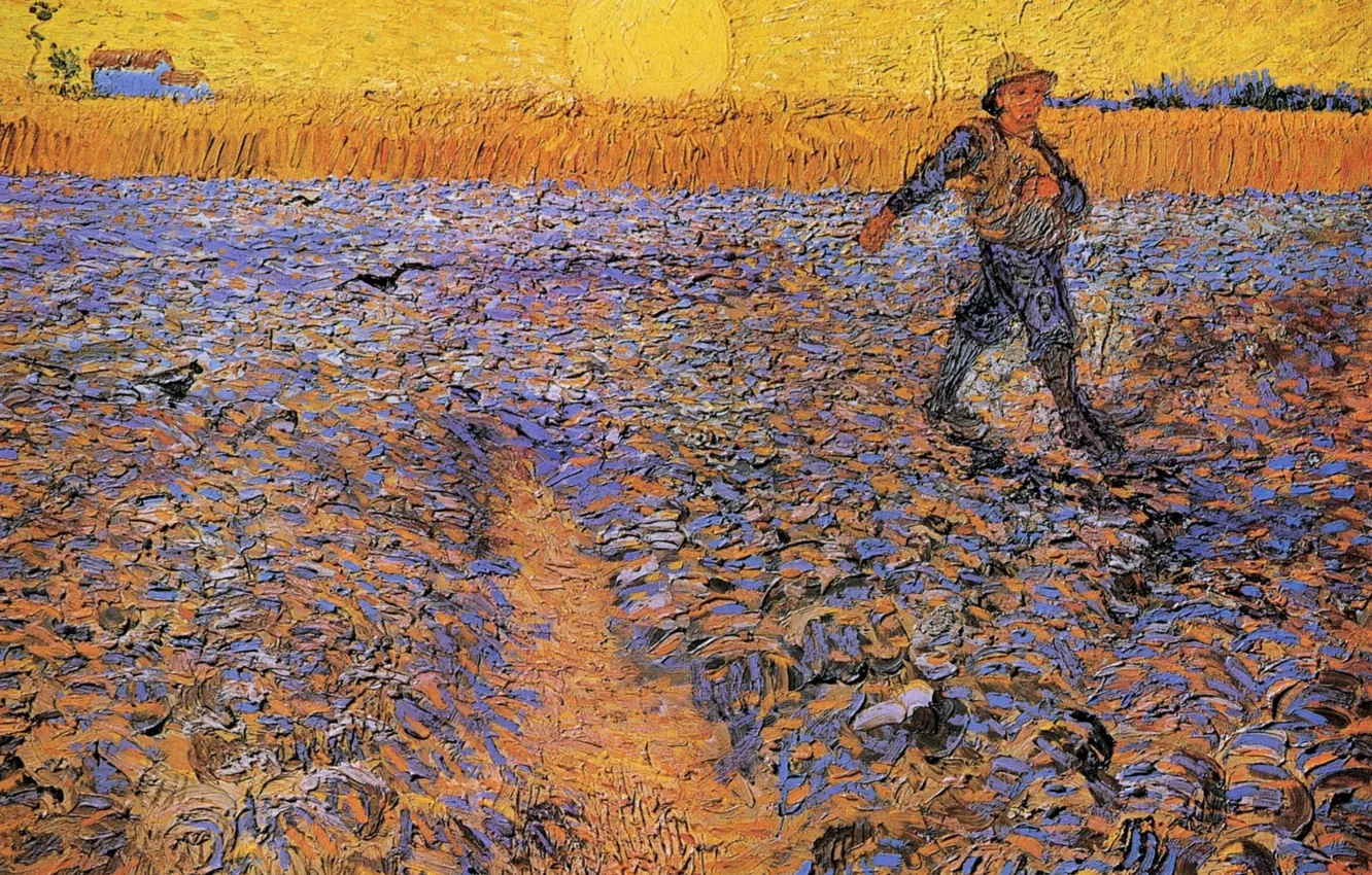 Фото обои поле, солнце, Vincent van Gogh, The Sower 4, парень в шляпе, дом в далеке