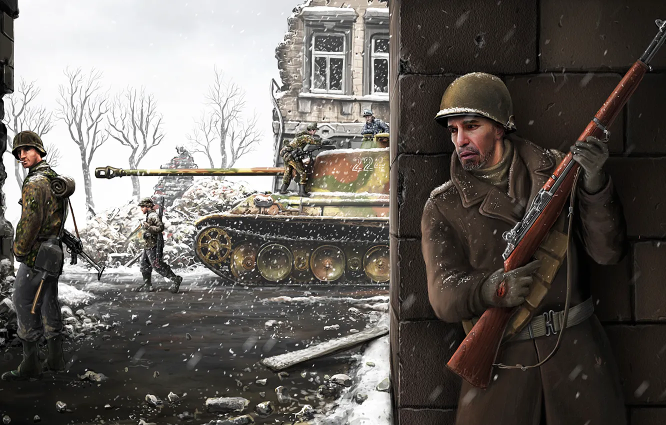 Фото обои зима, снег, город, война, ссср, танк, немцы, русский