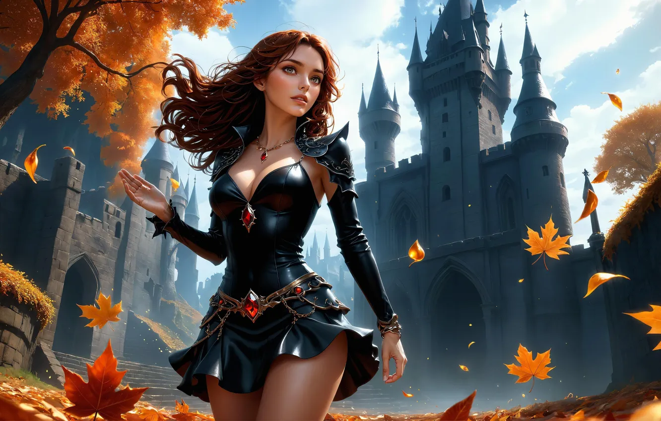 Фото обои girl, beautiful, brunette, castle, ai art
