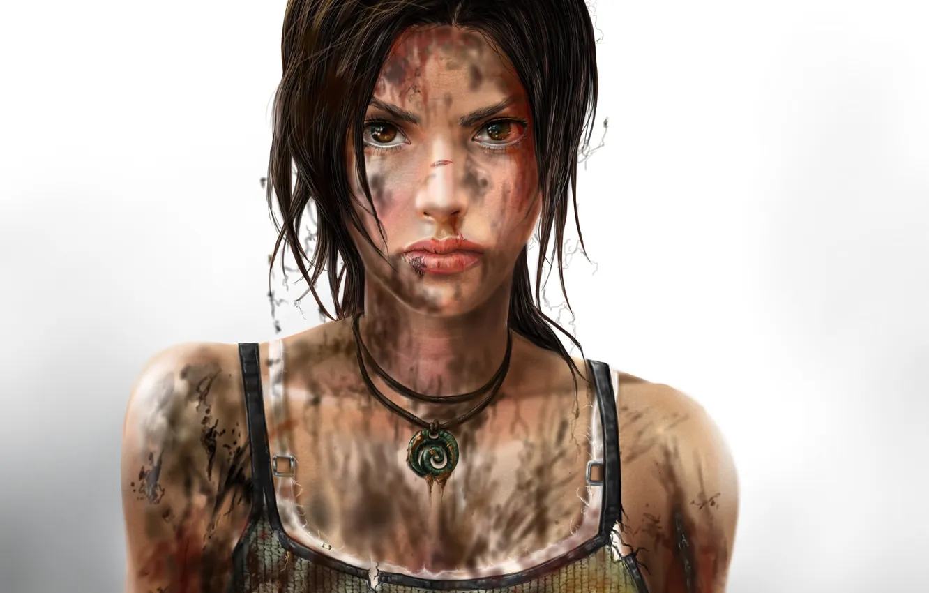 Фото обои взгляд, фон, майка, грязь, Tomb Raider, lara croft