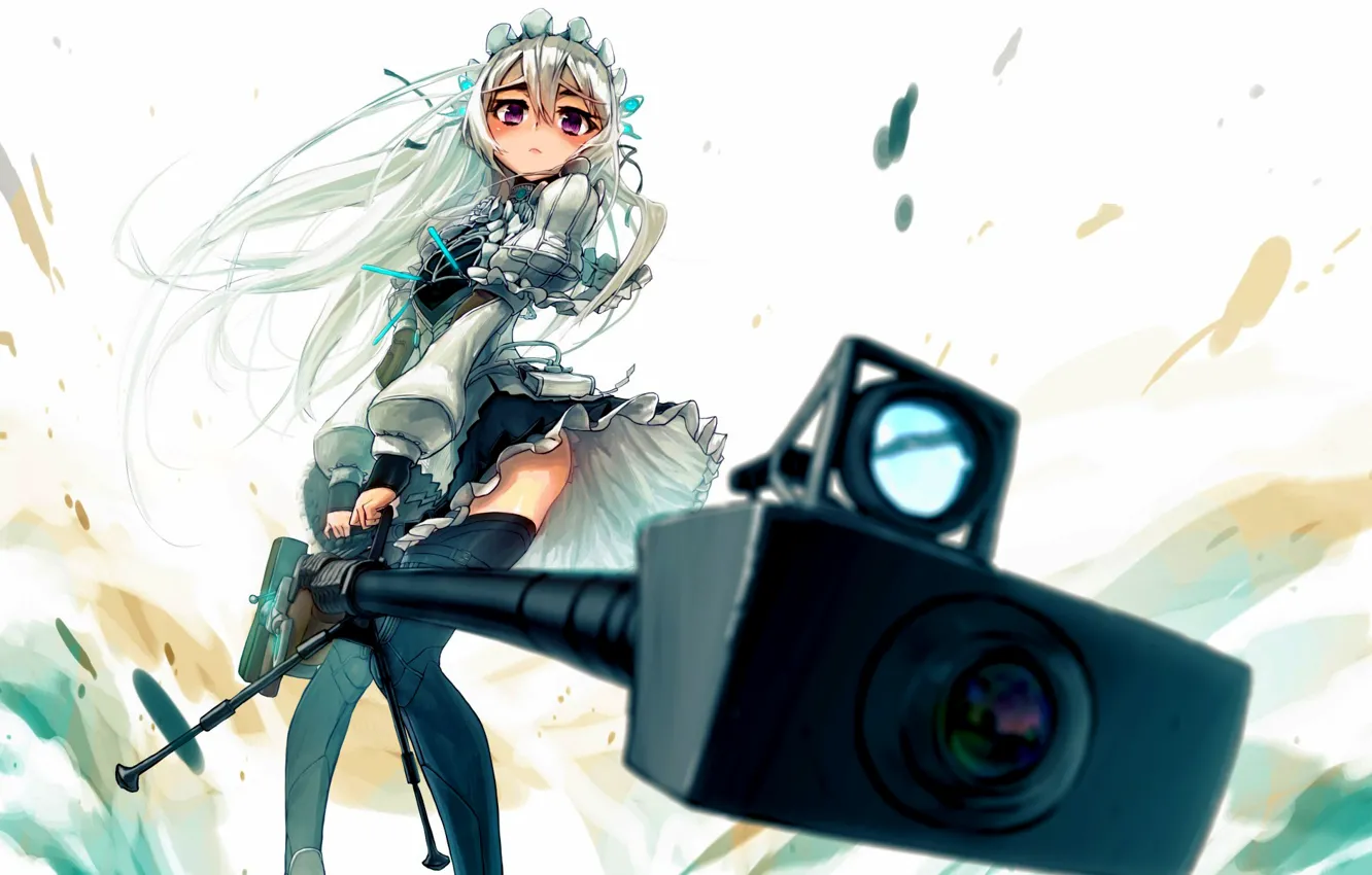 Фото обои взгляд, девушка, оружие, прицел, снайперская винтовка, заколки, Чайка и гроб, Hitsugi no Chaika