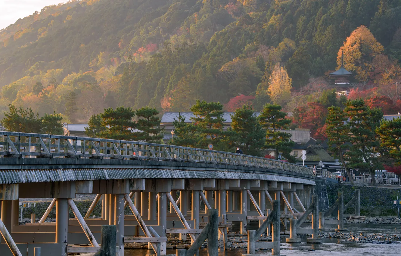Фото обои Природа, Мост, Река, Япония, Киото, Арасияма, Тогэцу-кё