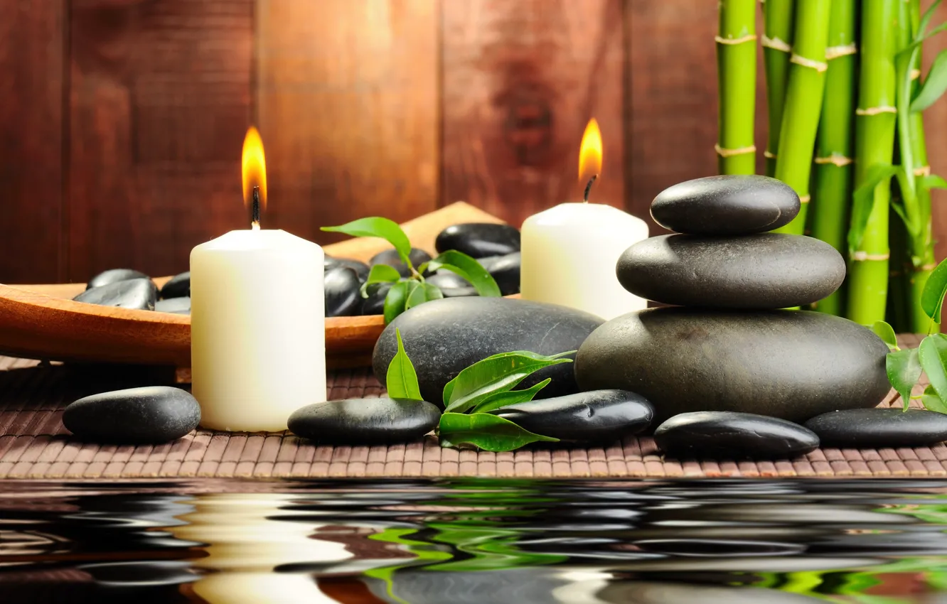 Фото обои вода, камни, свечи, бамбук, черные, спа, spa, массажные