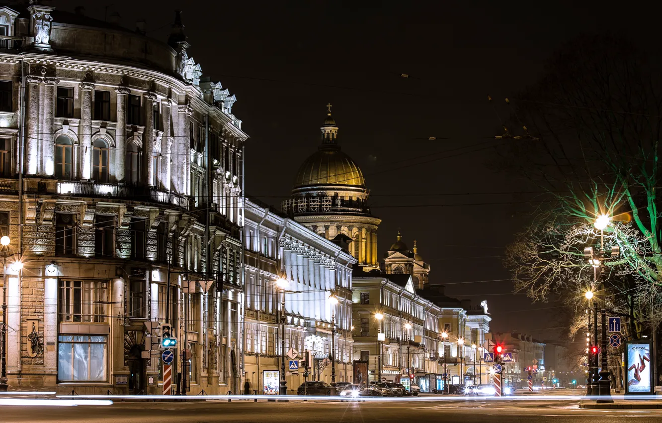 Фото обои дорога, ночь, огни, улица, фонари, Russia, питер, санкт-петербург