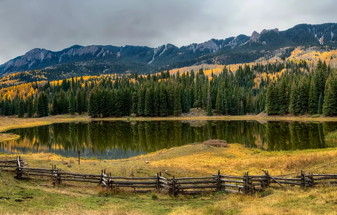 Фото обои осень, лес, трава, деревья, горы, озеро, скалы, забор