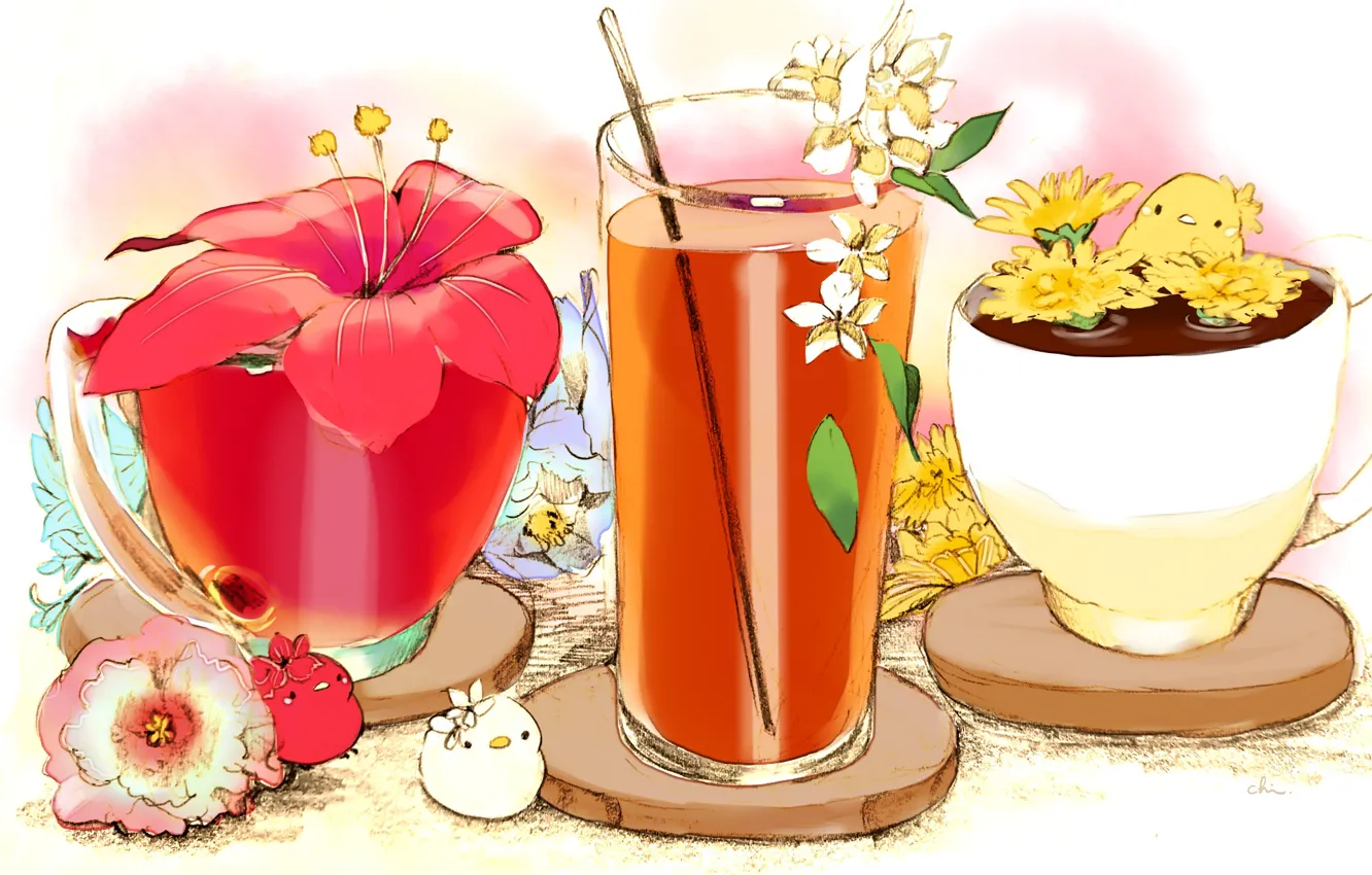 Фото обои цветок, красный, стакан, сок, существа, чашки, напиток, птенцы
