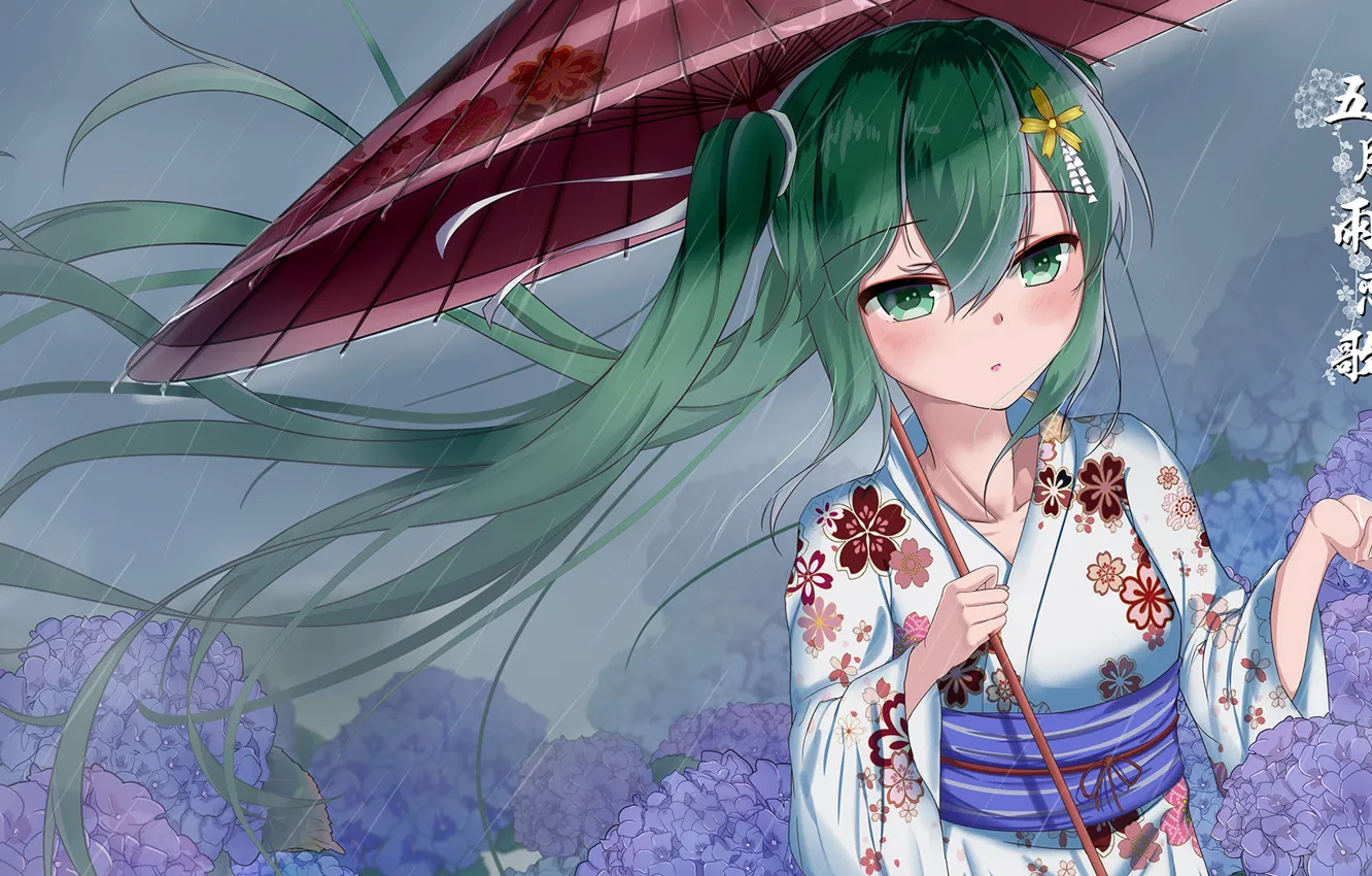 Фото обои девушка, цветы, дождь, волосы, зонт, Hatsune Miku, Vocaloid, Вокалоид