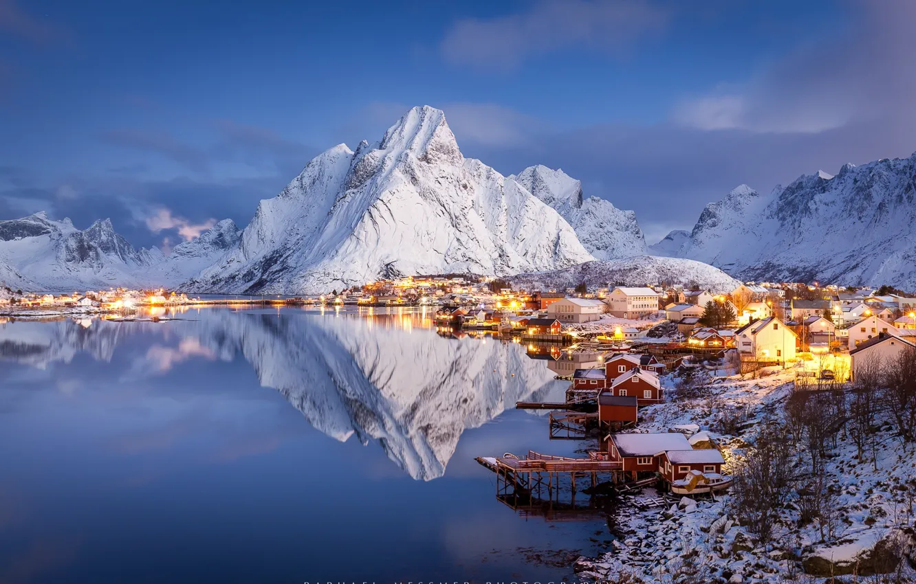 Фото обои острова, горы, скалы, село, Зима, зимний рай